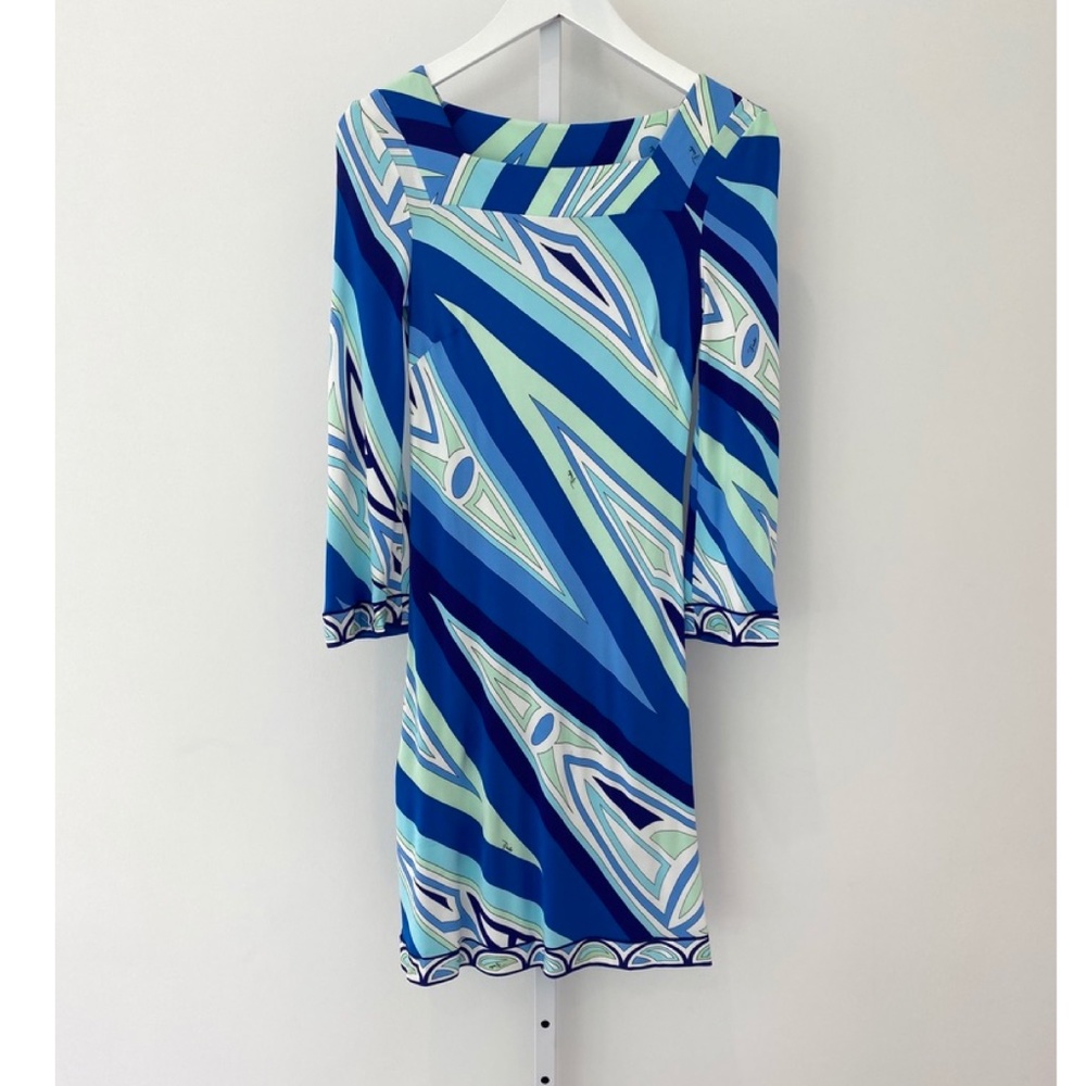 EMILIO PUCCI BLUE MULTI SQUARE NECK BELL SLEEVE DRESS SIZE IT 38 / US 4